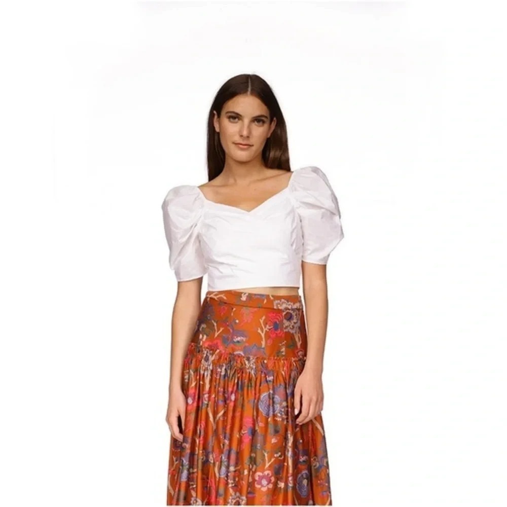 Cara Cara Sara Wrap Style Puff Sleeve Crop Top White Poplin Cotton Size XS
